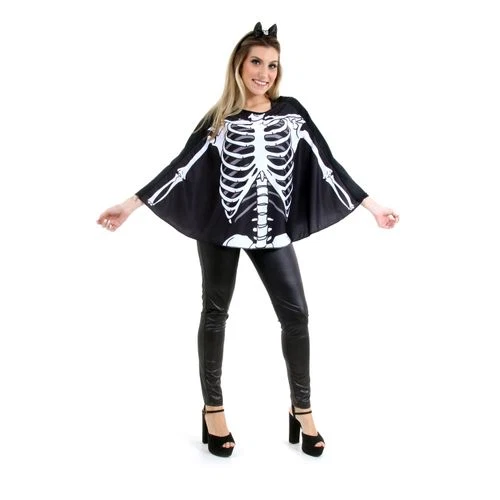 Fantasia Poncho Caveira Adulto e Infantil - Halloween