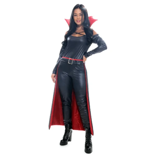 Fantasia Vampira Macacão Adulto e Infantil com Gola e Capa - Halloween