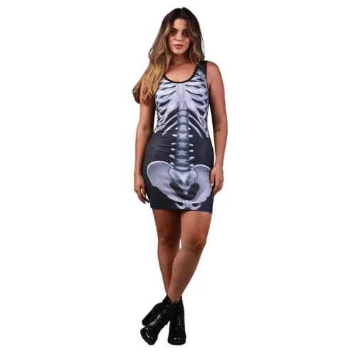 Fantasia Esqueleto Vestido Curto Adulto e Infantil Para Halloween